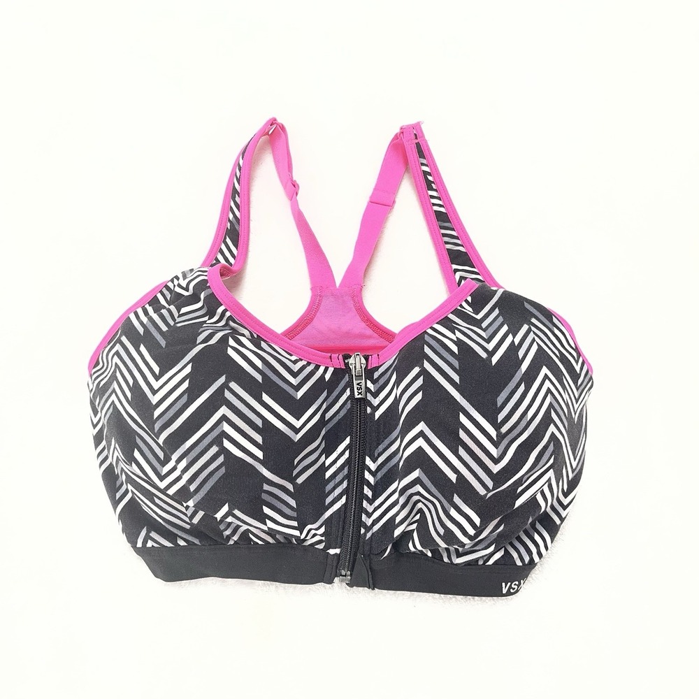 VSX Victoria Secret Sport Sports Bra 34DD Front Zip Athletic Fitness Black Pink